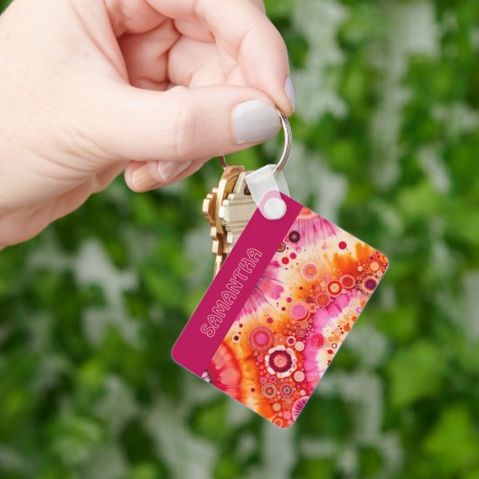 Persoonlijk leuk retro oranje hot pink kunstpatroo sleutelhanger (Hand)