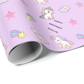 Persoonlijk Lichtpaars Eenhoorn Verjaardagsfeest Cadeaupapier