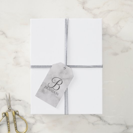 Persoonlijk Marmer Script Monogram en Naam Cadeaulabel (Met Touw)