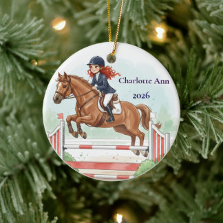 Persoonlijk Meisje Met Rood Haar Paard Springen Keramisch Ornament