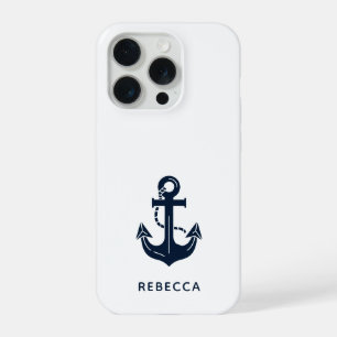 Persoonlijk modern nautisch marineblauw anker iPhone 15 pro hoesje