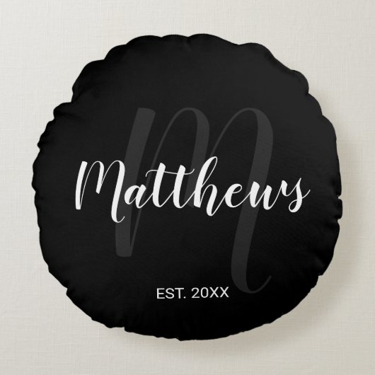 Persoonlijk modern schrift monogram & familienaam rond kussen (Voorkant)