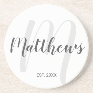 Persoonlijk modern schrift monogram & familienaam zandsteen onderzetter