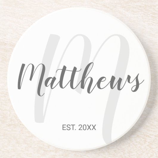 Persoonlijk modern schrift monogram & familienaam zandsteen onderzetter (Voorkant)