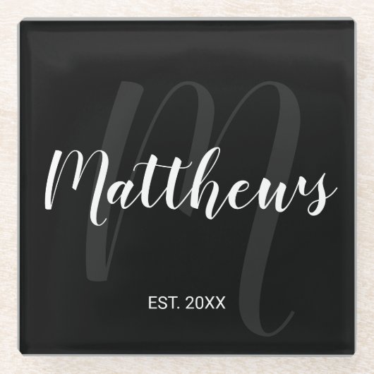 Persoonlijk modern script monogram & naam van fami glazen onderzetter (Voorkant)