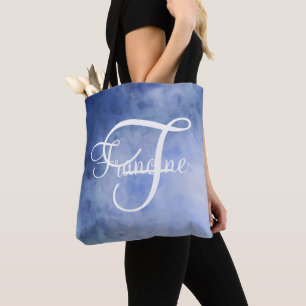 Persoonlijk monogram Blauw en Wit Waterverf Draagtas