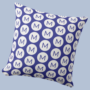 Persoonlijk monogram initiaal stippenpatroon blauw kussen