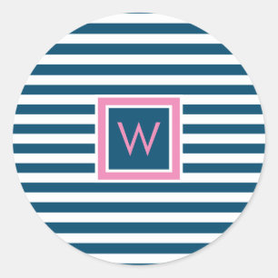 Persoonlijk monogram leisteenblauw en wit gestreep ronde sticker
