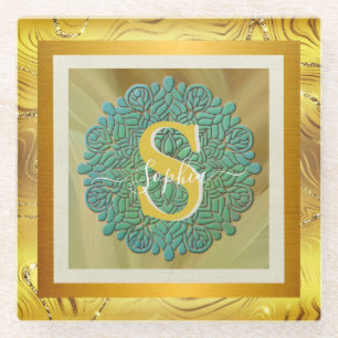 Persoonlijk Monogram Mandala Goud en Blauw Glazen Onderzetter