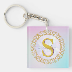 Persoonlijk Monogram Mandala Goud en Blauw Sleutelhanger