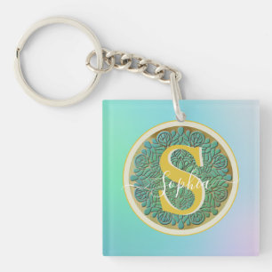Persoonlijk Monogram Mandala Goud en Blauw Sleutelhanger
