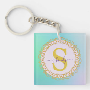 Persoonlijk Monogram Mandala Goud en Blauw Sleutelhanger