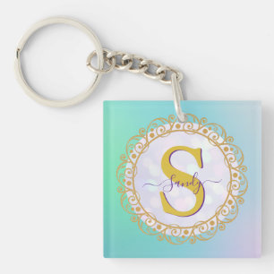 Persoonlijk Monogram Mandala Goud en Blauw Sleutelhanger