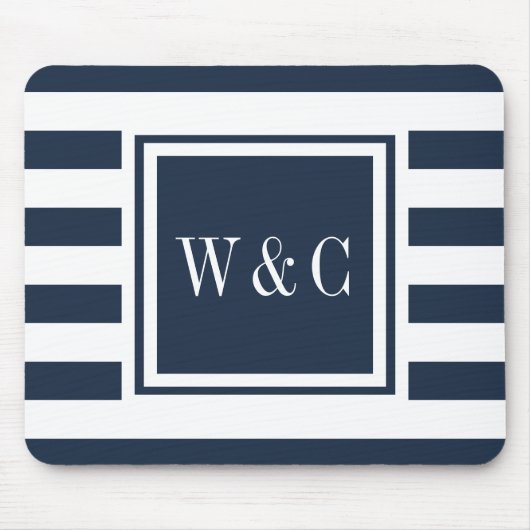 Persoonlijk monogram Navy blauw wit gestreept Muismat (Voorkant)