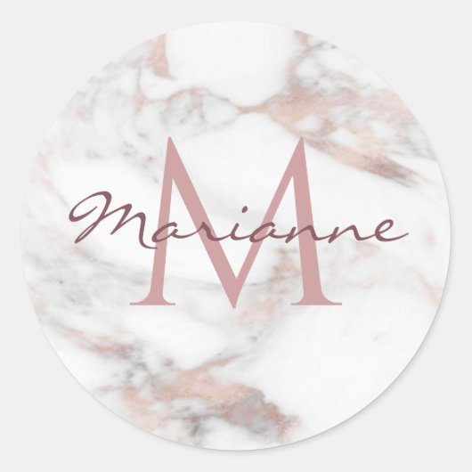 Persoonlijk Monogram Roze Goud Marmer Modern Ronde Sticker (Voorkant)