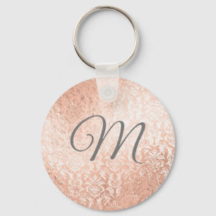Persoonlijk monogram roze gouden damast sleutelhanger