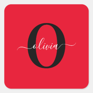 Persoonlijk monogram schrift naam Rood Zwart Wit Vierkante Sticker