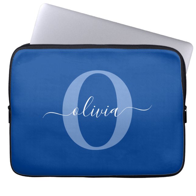 Persoonlijk Monogram Script Naam Blauw Wit Laptop Sleeve (Voorkant)