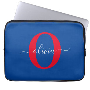 Persoonlijk monogram script naam blauw wit rood laptop sleeve