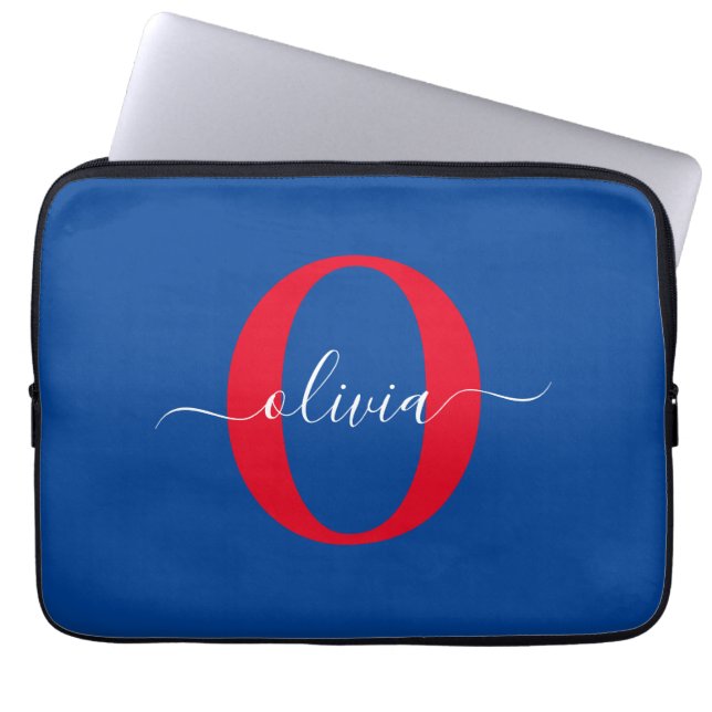 Persoonlijk monogram script naam blauw wit rood laptop sleeve (Voorkant)