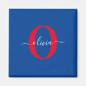 Persoonlijk Monogram Script Naam Blauw Wit Rood Magneet (Voorkant)