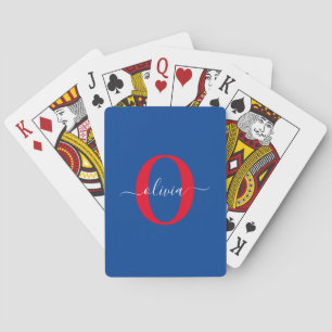 Persoonlijk monogram script naam blauw wit rood pokerkaarten