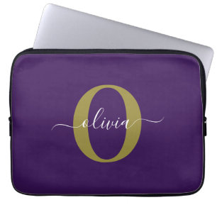 Persoonlijk Monogram Script Naam Paars Wit Goud Laptop Sleeve