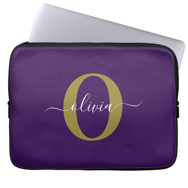 Persoonlijk Monogram Script Naam Paars Wit Goud Laptop Sleeve (Voorkant)