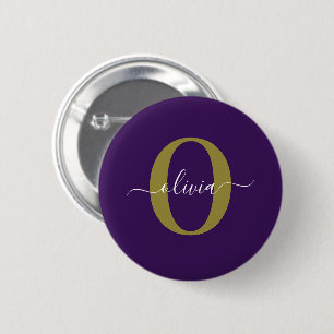 Persoonlijk Monogram Script Naam Paars Wit Goud Ronde Button 5,7 Cm