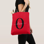 Persoonlijk Monogram Script Naam Rood Zwart Wit Draagtas (Dichtbij)