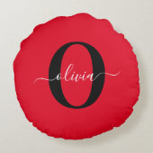 Persoonlijk Monogram Script Naam Rood Zwart Wit Rond Kussen (Achterkant)