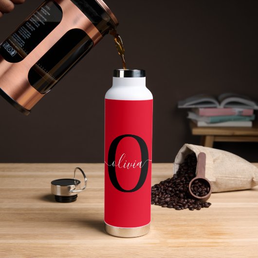 Persoonlijk Monogram Script Naam Rood Zwart Wit Waterfles (Koffie)