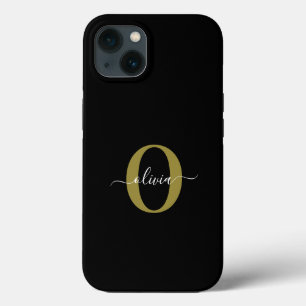Persoonlijk Monogram Script Naam Zwart Wit Goud iPhone 13 Hoesje