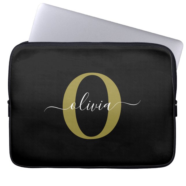 Persoonlijk monogram script naam zwart wit goud laptop sleeve (Voorkant)