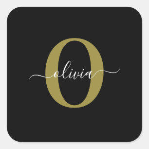Persoonlijk monogram script naam zwart wit goud vierkante sticker