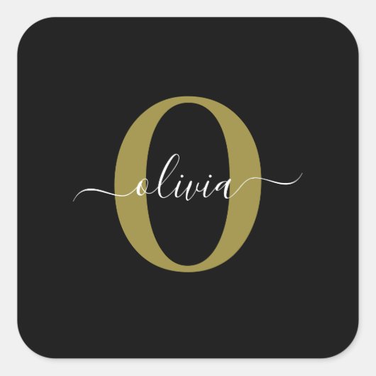 Persoonlijk monogram script naam zwart wit goud vierkante sticker (Voorkant)
