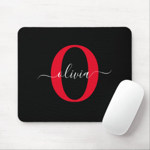 Persoonlijk Monogram Script Naam Zwart Wit Rood Muismat