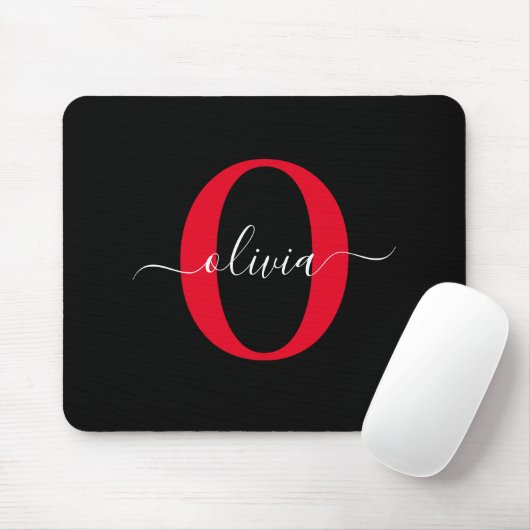 Persoonlijk Monogram Script Naam Zwart Wit Rood Muismat (Met muis)