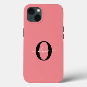 Persoonlijk monogram script naam Zwart Wit Roze iPhone 13 Hoesje