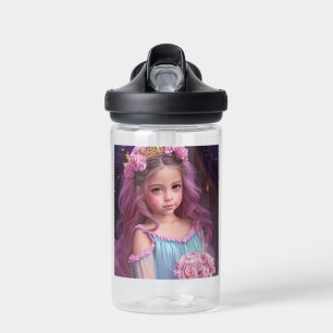 Persoonlijk mooi meisje met roze bloemen waterfles
