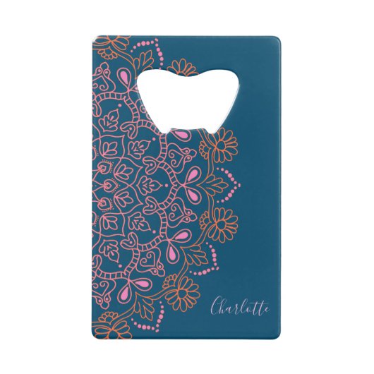 Persoonlijk Navy Blauw Roze Bloem Motief Mandala O Kredietkaart Flessenopener (Voorkant)