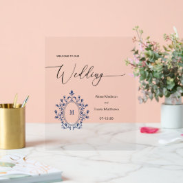 Persoonlijk Navy Blauwe Monogram Trouwbord Acryl Bord