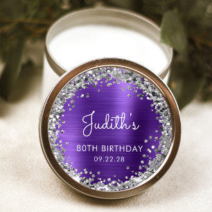 Persoonlijk paarse zilveren glitters verjaardagsfe ronde sticker