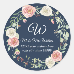 Persoonlijk retouradres Navy Blush Roos Bloem Ronde Sticker
