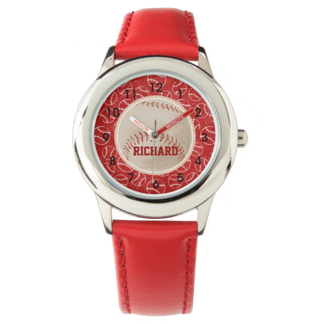 Persoonlijk Rode Baseball Patroon met Baseball Horloge (Voorkant)