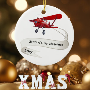 Persoonlijk,Rode Vliegtuig & Kerstman, Eerste Kers Keramisch Ornament