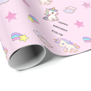 Persoonlijk Roze Eenhoorn Verjaardagsfeest Cadeaupapier