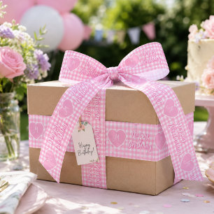 Persoonlijk Roze Gingham Hart Verjaardagsmonogram Lint