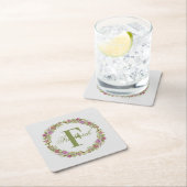 Persoonlijk Roze Groene Bloemige Achternaam Monogr Vierkante Kartonnen Onderzetter (Insitu)