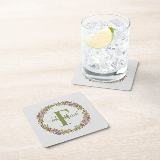 Persoonlijk Roze Groene Bloemige Achternaam Monogr Vierkante Kartonnen Onderzetter (Insitu)